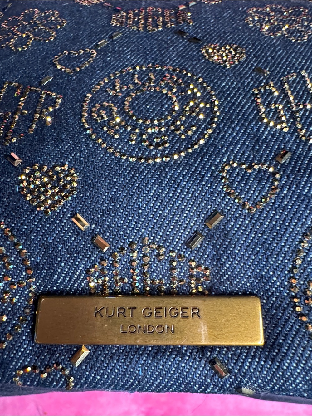 Kurt Geiger Rare XXL Battersea Denim Sparkle Bag - Dark Gold Chain NWT - Picture 9 of 17